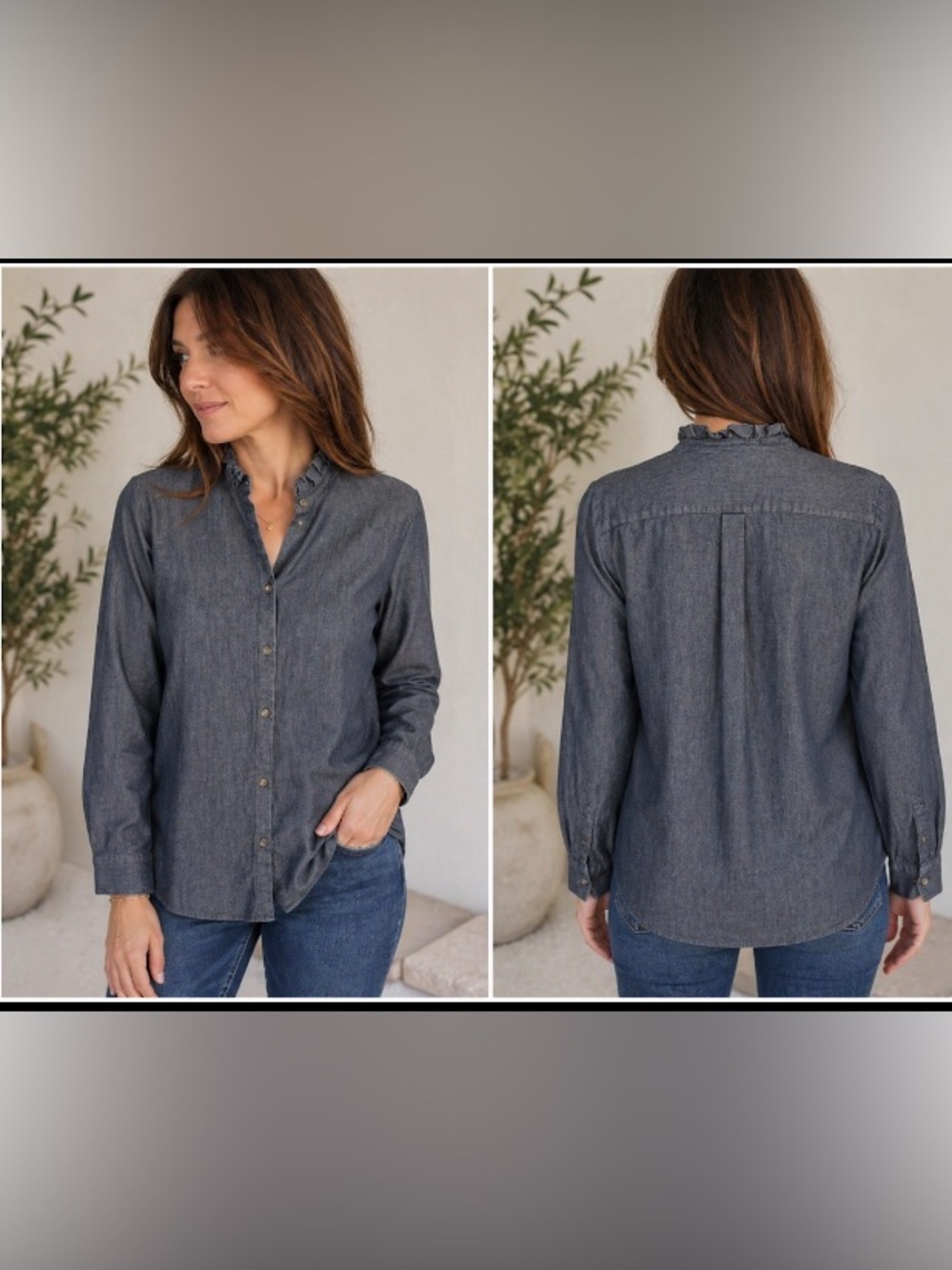 Banana Republic Ruffle Collar Chambray Shirt Gray Button Down Size XL